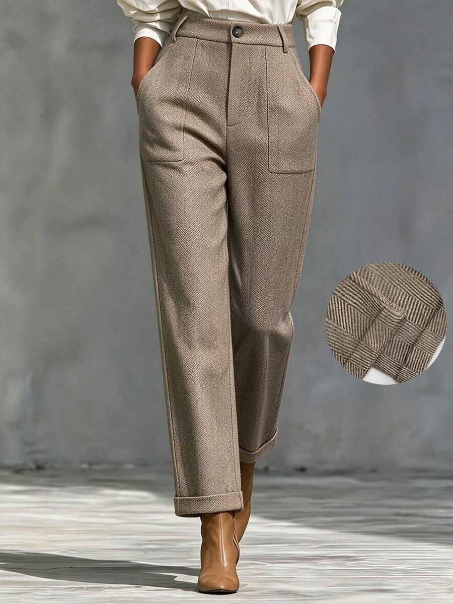 SHEIN Women's Autumn/Winter Herringbone Tweed Slim Leg Trousers, Versatile Fashion Office Commuter Pants For Professional White-Collar Workwear - Khaki - View 1