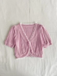 Elamini Minimalist Sexy Sweet Girl Lace Trim Puff Sleeve Cropped Cable Knit Cardigan, Single Button V-Neck Short Outerwear Vest - Pink - View 3