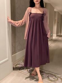 DAZY Women's Solid Color Pleated Spaghetti Strap Dress And Cardigan Casual Daily Home Sleepwear Set - Purple - View 6