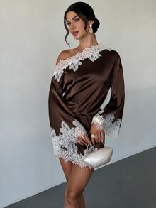 Firerie 女款優雅秋季沙烏地國慶返校季不對稱肩蕾絲拼接喇叭袖淺灰藍迷你洋裝 - 棕色 - 查看 12