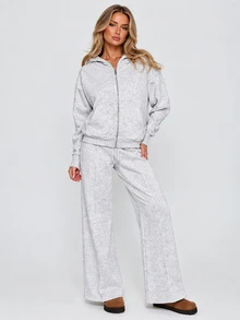 Dewbera Dewbera Front White Grey Two Pieces Sports Suit, Loose Shoulder Zipper Hooded Jacket, Wide Leg Sweatpants, Drawstring Waistband Pocket Casual Yoga Suit Set - Light Grey - View 4