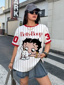 Betty Boop x SHEIN Plus Size Women's Letter Stripe Round Neck Short Sleeve Casual T-Shirt - White - View 9