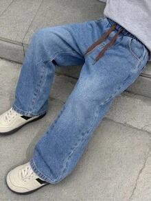 Quần dài denim cho bé trai, màu xanh giặt kiểu vintage hoài cổ, vải denim không co giãn, cạp quần cổ điển thiết kế nút, xử lý mài rách và bạc màu - Rửa tối - Xem 8