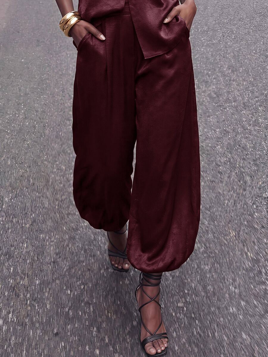 Maija 秋季女款氣球褲,寬鬆版型緞面休閒優雅度假節慶派對辦公室晚餐早午餐外出深棕色 - 酒紅色 - 查看 1
