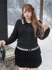 Bijouette Plus Size Shirt Collar Tie V-Neck Pullover Sweater, Autumn/Winter, Flattering Belly And Hip Coverage, Slimming, Pear And Apple Shape Friendly, Non-Constricting, Japanese Gentle Style, Suitable For Commute, Date, Travel And Sightseeing - Black - View 1