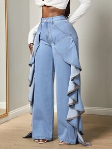 BamGleam Festival Size Denim Women's Blue Non-Stretch Slim Fit Ruffle Hem Straight Leg Pants - Light Wash - View 3