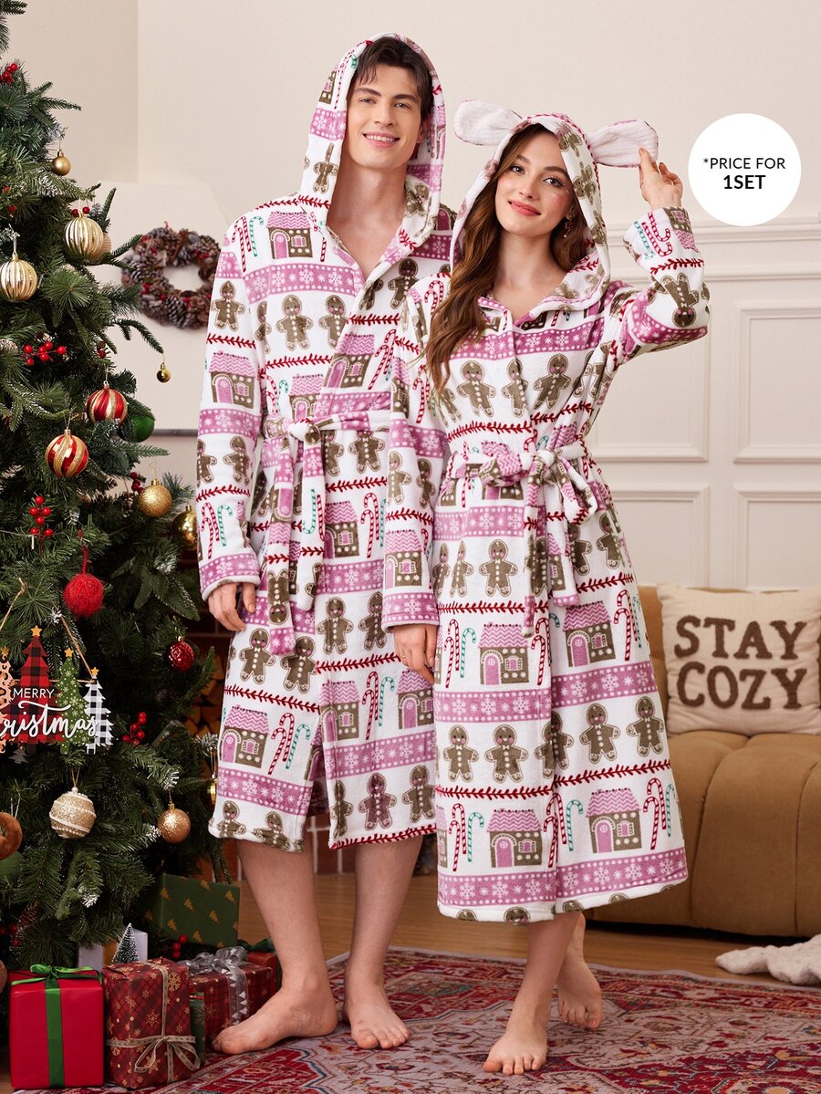 CoupledUp Men's Christmas Pattern Printed Hooded Loungewear Robe - Multicolor - View 1
