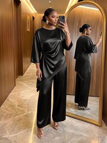 SHEIN Lady CURVE 大尺碼女款蕾絲拼接上衣與長褲休閒日常兩件套 秋季 - 黑色 - 查看 4