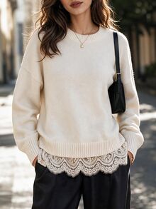 Editum Women's Lace Patchwork Casual Everyday Long Sleeve Sweater - Apricot - View 3