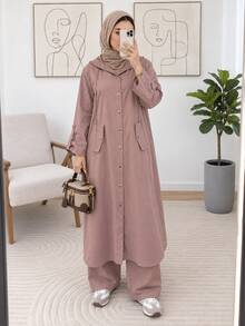 Solavon Plus Size Button Long Sleeve Jacket And Loose Pants 2 Pieces Set - Grey - View 3