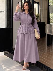 Solavon Plus Size Women's Hollow Embroidery Single-Breasted Shirt And Skirt Elegant Two Pieces Set - Purple - View 1