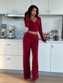ZzzCrew 2pcs/Set Women's V-Neck Long Sleeve Pajama Set, Ribbed Fabric, Lace Trim, Slim Fit Autumn/Winter Clothing - Burgundy - View 6