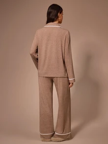 Lazeform Casual Loose Fit Contrast Color Lapel Open Front Long Sleeve Pants Women's Pajama Set - Brown - View 2