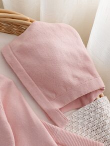 SHEIN 新生兒嬰兒針織套頭圓領長袖毛衣連身衣，附厚蕾絲飾邊、拼色蝴蝶結，搭配細針織連腳褲與針織帽，舒適秋冬穿著，3件套，優雅甜美，適合日常穿著 - 淺粉色 - 查看 7