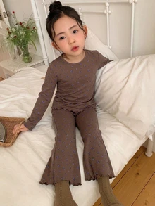 Dazy Kids 少女提花上衣與喇叭褲家居服套裝 秋季 - 棕色 - 查看 3
