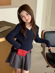 Dazy Kids (Gadis Remaja) Sweater Rajut Kabel Lengan Panjang Pas Badan Model Dasar, Musim Gugur/Dingin - Navy Blue - View 3