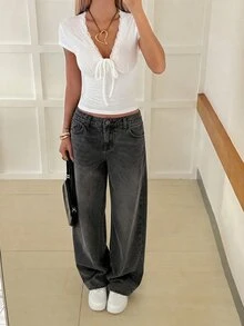 SHEIN EZwear White Knit Women's Front Tie Contrast Lace V-Neck T-Shirt - White - View 5