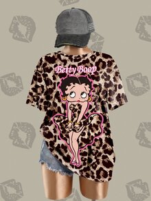 Betty Boop x SHEIN 大尺碼女款字母卡通印花休閒日常短袖T恤 - 白色 - 查看 3