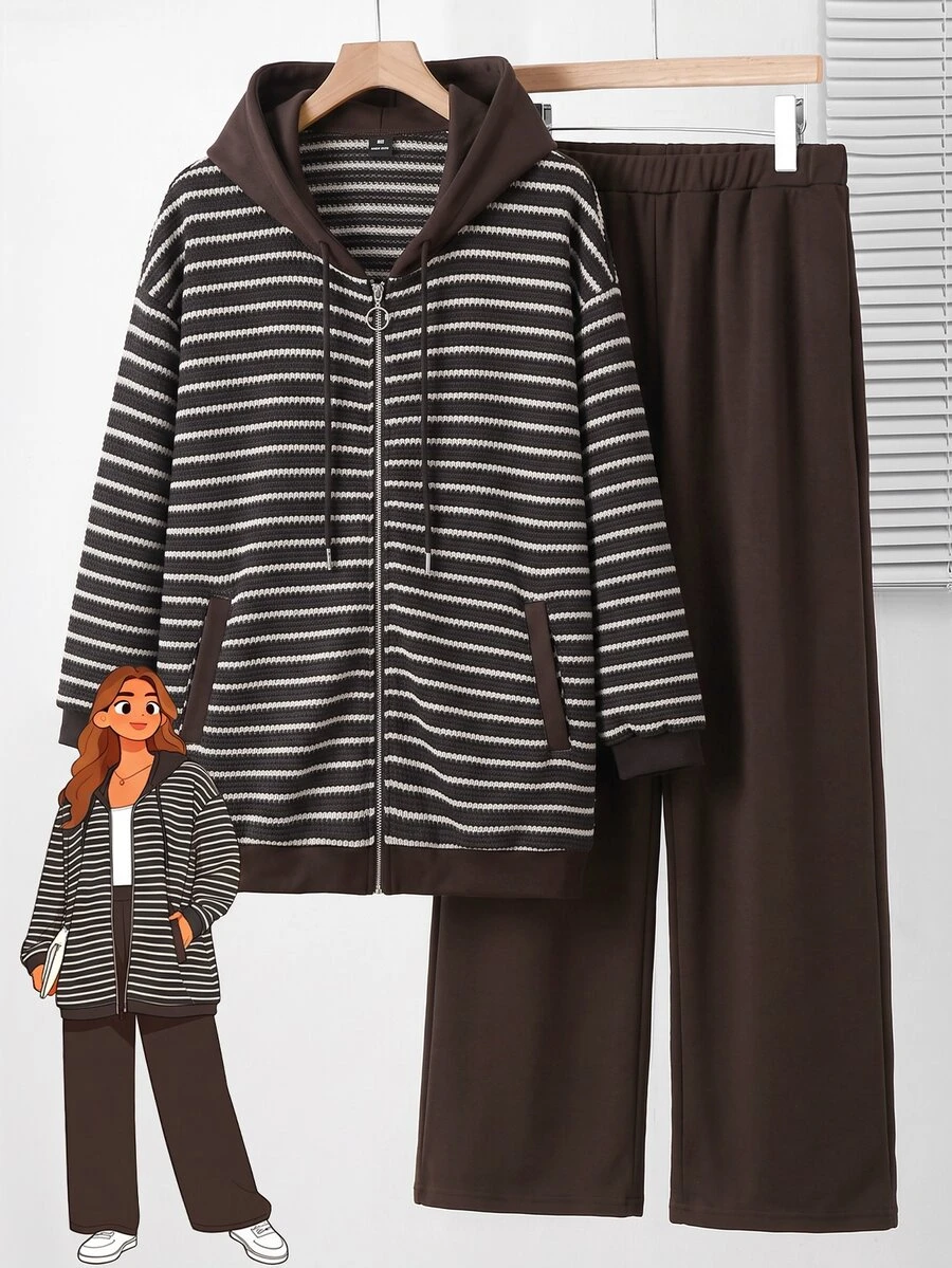 Rusticease Plus Size Women's Striped Zip-Up Hooded Jacket And Pants Casual 2 Pieces Set - Brown - View 1