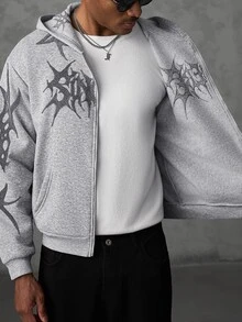 SLATEMANN Men's Gothic Pattern Zip-Up Casual Hoodie - Grey - View 8