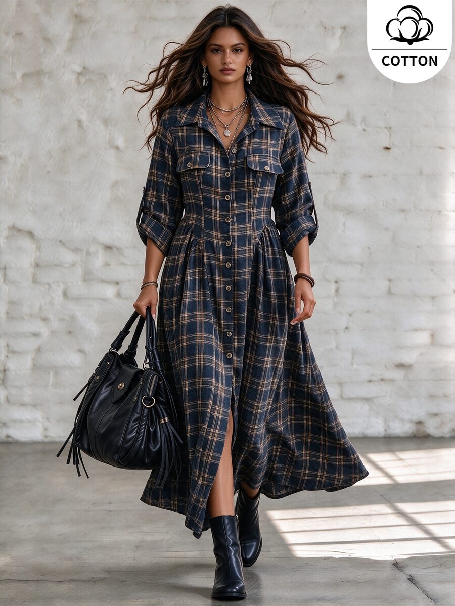 Ceyna Cotton Fall Plus Size Shirt Dress, Turn-Down Collar, Multi-Button Placket, Adjustable Rolled Sleeves, 1950s Vintage Military Style, Thanksgiving Party - Navy Blue - View 1