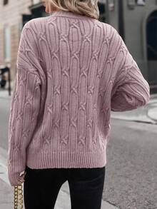 SHEIN LUNE Cable Knit Drop Shoulder Sweater In Fall/Winter,Casual - Pink - View 2