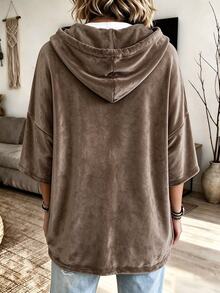 SHEIN LUNE CURVE Plus Size Women's Autumn/Winter Solid Color Double-Sided Fleece Hooded Minimalist Elegant Commute Pullover Sweatshirt Jacket Top - Khaki - View 2