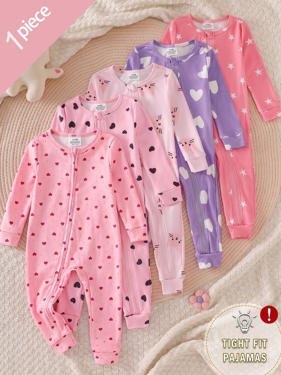 Baby Girl Pink Cute Long Sleeve Long Leg Fitted Romper Loungewear - Pink - View 1