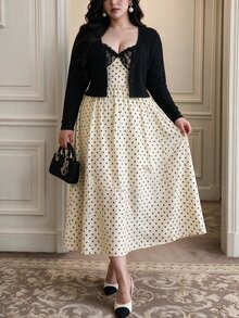 Vibekara Plus Size Elegant Vintage Chiffon Polka Dot Shirt And Long Skirt Set Fall - Apricot - View 6