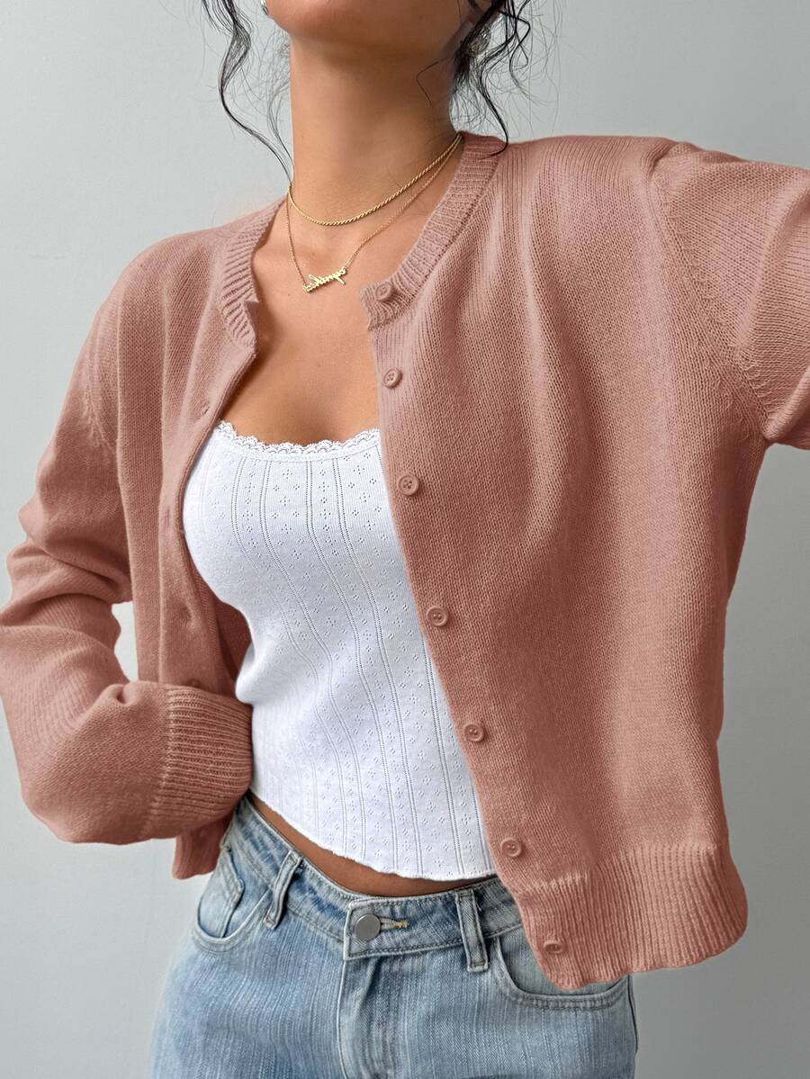SHEIN Tall CURVE 大尺碼休閒 80 年代寬鬆柔軟正常版型純色圓領長袖短版女款黃色針織開襟衫 秋冬春季辦公通勤 - 藕粉色 - 查看 1