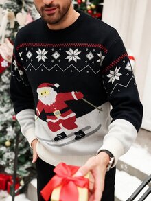 Manfinity Homme 男士可愛聖誕老人提花長袖毛衣 - 黑色 - 查看 1