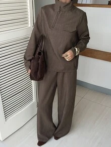 Livesso Women's Half-Zip Long Sleeve Top And Pants Casual Two Pieces Set - Coffee Brown - View 3