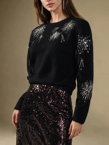 Briarwyn Fashionable Fireworks Embroidery Women's Crew Neck Long Sleeve Sweater - Black - View 6