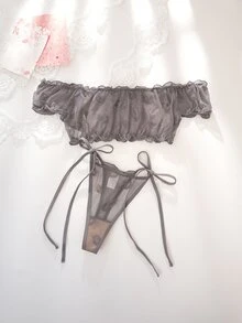 PetitDoll 女款唇形提花網紗內衣套裝，附綁帶丁字褲，2件組 - 淺灰紫 - 查看 3