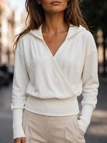 Balvessa Casual Hoodie For Women, Cross Wrap V Neck Long Sleeve Knit Cuff Cropped Sweatshirt - Multicolor - View 6