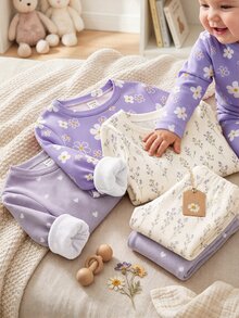 Baby Girl Casual Minimalist Slim Fit Round Neck Long Sleeve Long Pants Loungewear Multi-Piece Set Suitable For Autumn/Winter Snug Fit Set Pcs - Multicolor - View 3