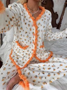 CottageSlumber Women's Autumn/Winter Flannel Ditsy Floral Long Sleeve & Long Pants Pajama Set, Home Wear - Yellow - View 3
