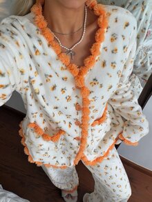 CottageSlumber Women's Autumn/Winter Flannel Ditsy Floral Long Sleeve & Long Pants Pajama Set, Home Wear - Yellow - View 5