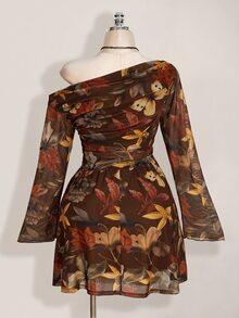SHEIN ICON 大尺碼 Y2K 楓葉印花網紗長袖洋裝，復古休閒修身連身裙，適合春季與秋季 - 棕色 - 查看 2