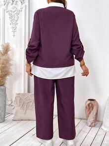 SHEIN EMERY ROSE CURVE 大尺碼女款秋季對比色長袖襯衫與長褲兩件套女裝 - 紫羅蘭色 - 查看 2