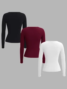 SHEIN EZwear 休閒極簡風黑白酒紅三色針織多件套大尺碼女款開領長袖T恤套衫，適合秋冬 - 彩色 - 查看 2