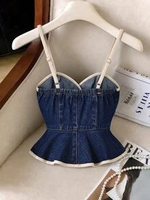 GlowEve Women's Button Ruffle Hem Camisole Denim Top - Blue - View 3