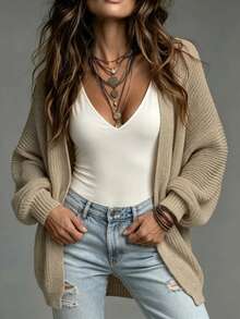 INAWLY Solva Plus Size Women's Solid Color Casual Versatile Daily Wear Cardigan - Khaki - View 5