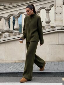 Lavishia Women's Collared Autumn/Winter Long Sleeve Zipper Front Knit Cardigan And Knit Pants 2 Pieces Set,Two Pieces Autumn Sweater Set - Army Green - View 6
