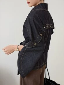 Dazy-Less Autumn Cotton Black Turn-Down Collar Button Pocket Decor Washed Loose Long Sleeve Short Denim Jacket Coat For Women - Black - View 2