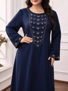 Al Najma Plus Size Women's Rhinestone Design Round Neck Long Sleeve Elegant Arabian Dress - Navy Blue - View 3