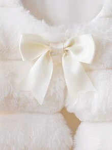 女童秋冬白色毛絨布料3D彩色蝴蝶結可愛長袖外套，優雅富家女風，派對、新年、聖誕穿搭 - 白色 - 查看 6