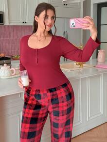 Slumberry CURVE Plus Size Women's Casual Home Plaid Long Sleeve Long Pants Pajama Set - Red - View 5