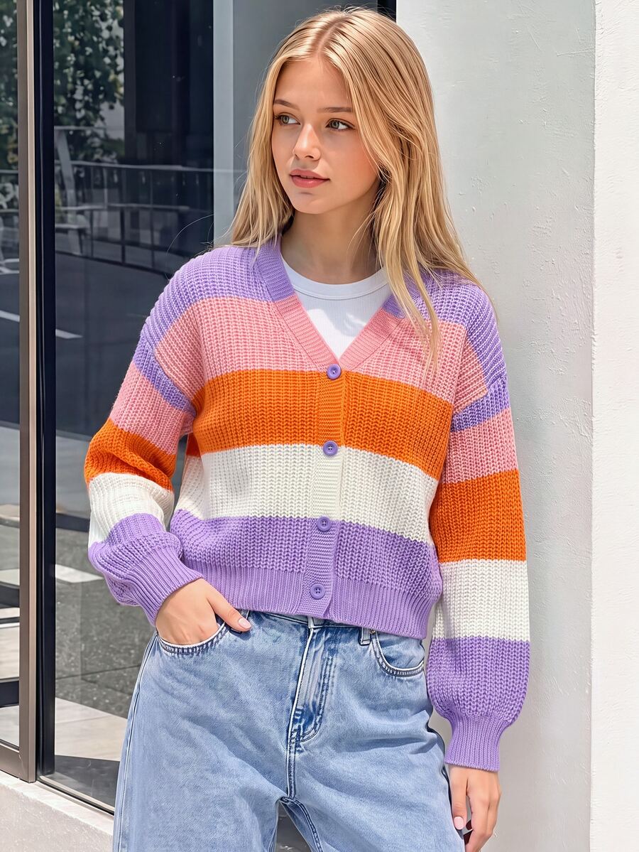 Elladie kids Tween Girl Colorblock Drop Shoulder Cardigan Cropped Cardigan Tween Girl Sweaters Ribbed Cardigan Tween Cardigan Scalloped Cardigan Autumn Fall - Multicolor - View 1