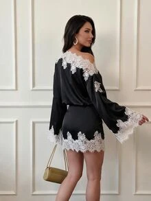 Firerie 女款優雅秋季沙烏地國慶返校季不對稱單肩蕾絲拼接喇叭袖淺灰藍迷你洋裝 - 黑色 - 查看 6